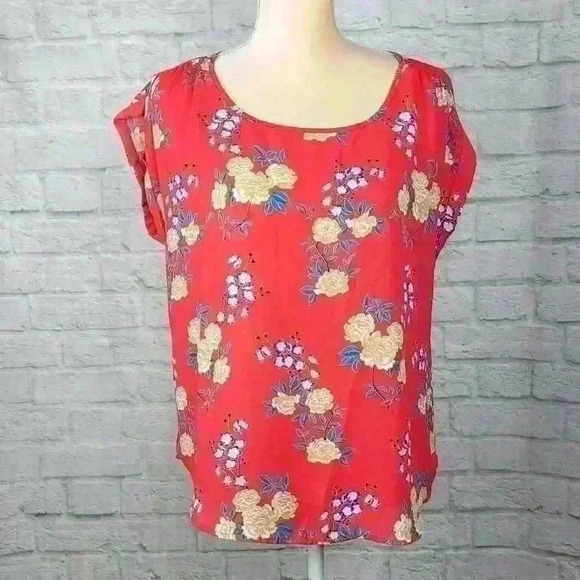Pink Rose Floral Short Sleeve Blouse  Crew Neck - Picture 2 of 7